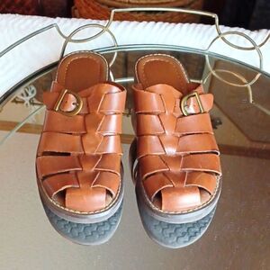 Faded Glory Brown‎ Womans Braided,Leather 1 Clogs Natural Finish Wood Heels 7.5